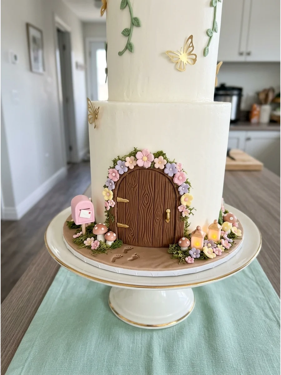 A white cake with a detailed brown fairy door at the base surrounded by pink blossoms.
