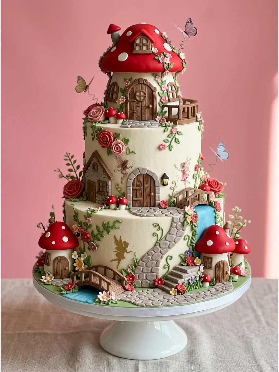 A three-tier cake decorated as a fairy village with bridges and tiny mushroom houses.