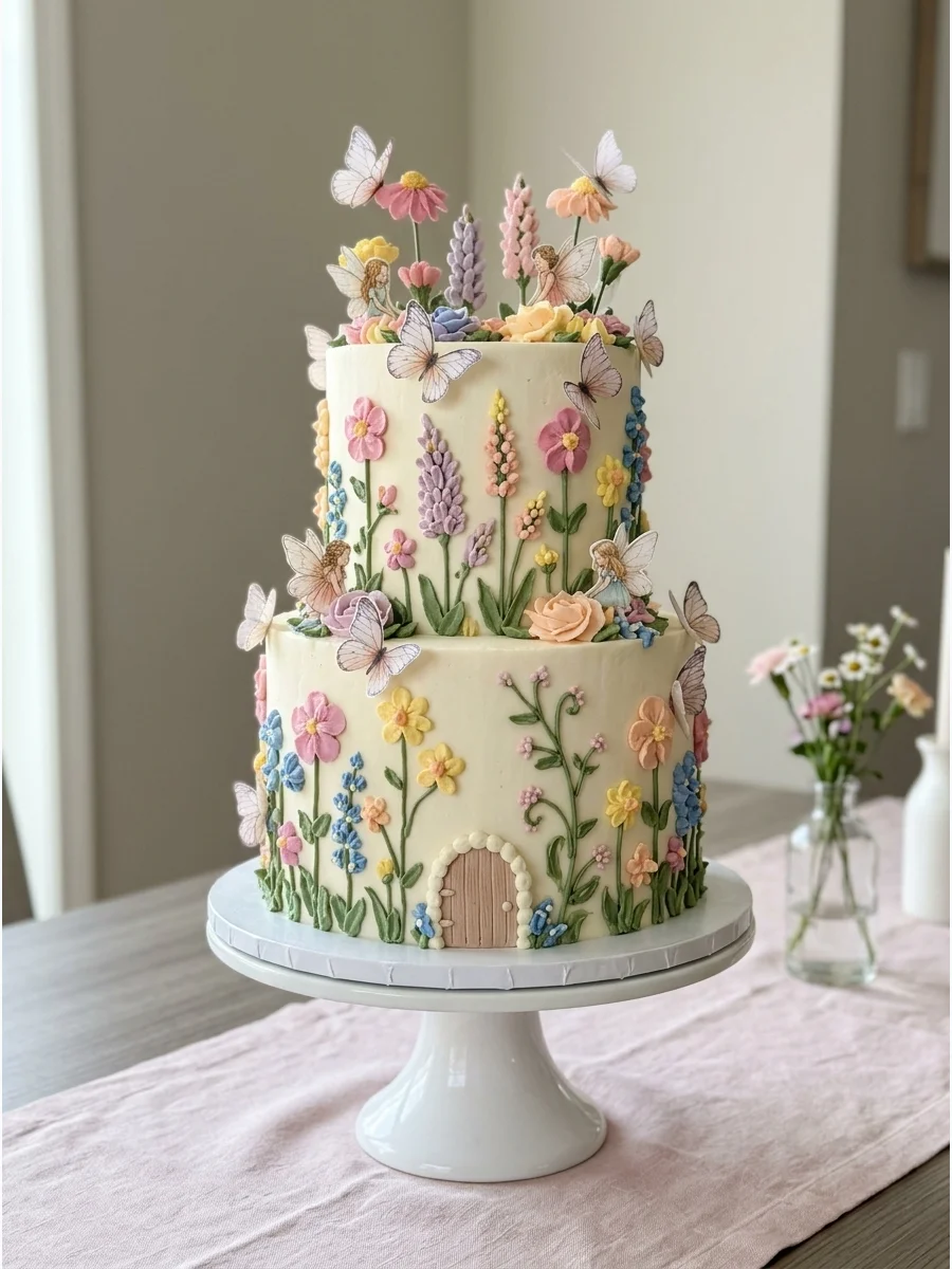 An ivory cake covered in colorful buttercream wildflowers and delicate paper fairy cutouts.