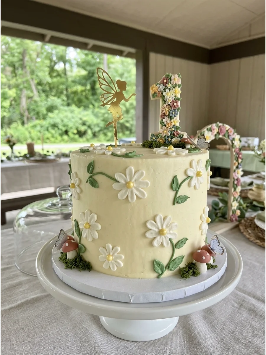 A soft yellow cake decorated with white buttercream daisies and a gold fairy topper.