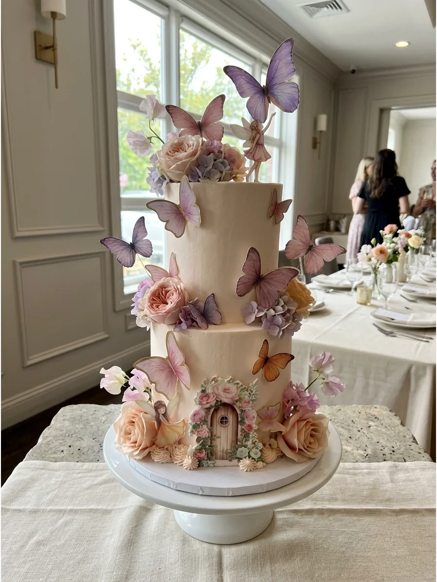 A tall garden cake with pink and purple butterflies attached to thin wires.