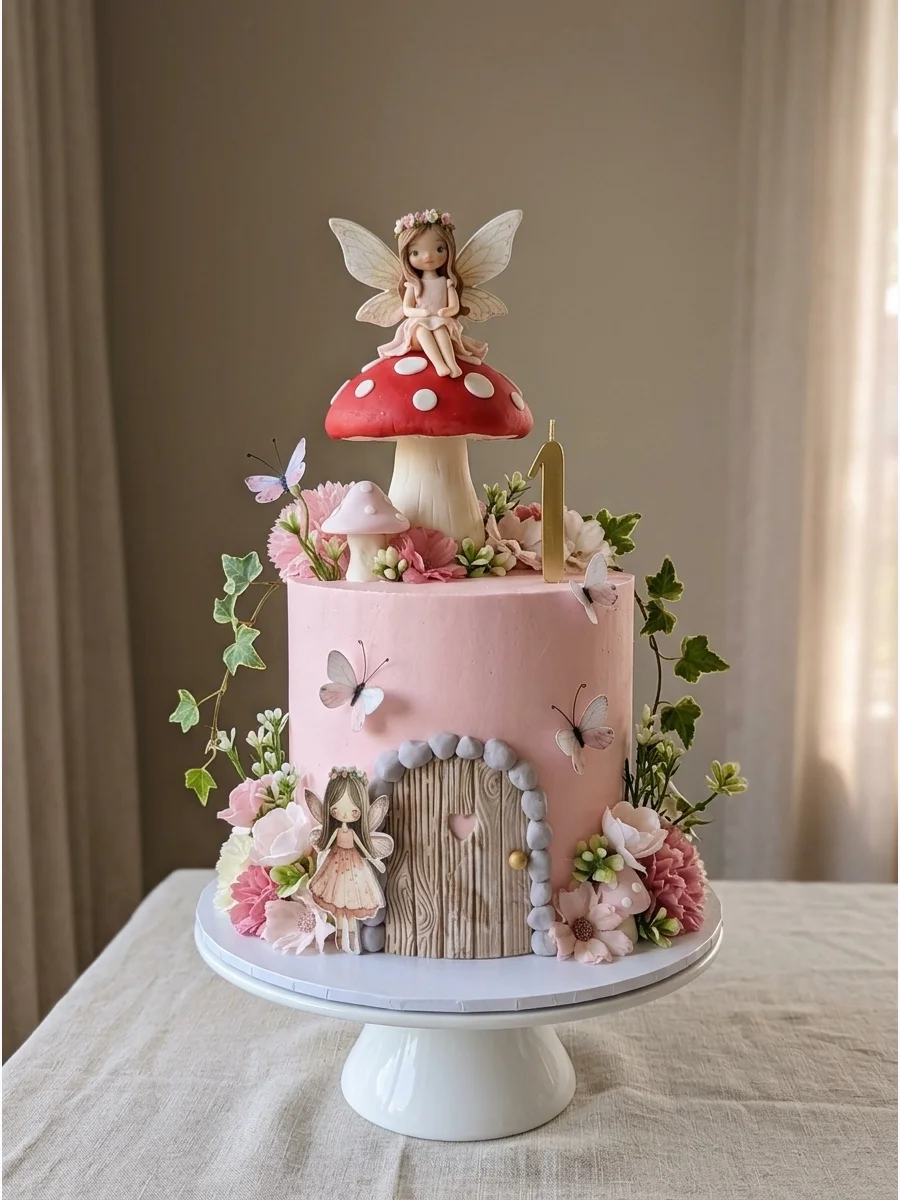 Pink birthday cake with a fairy sitting on a large mushroom topper.