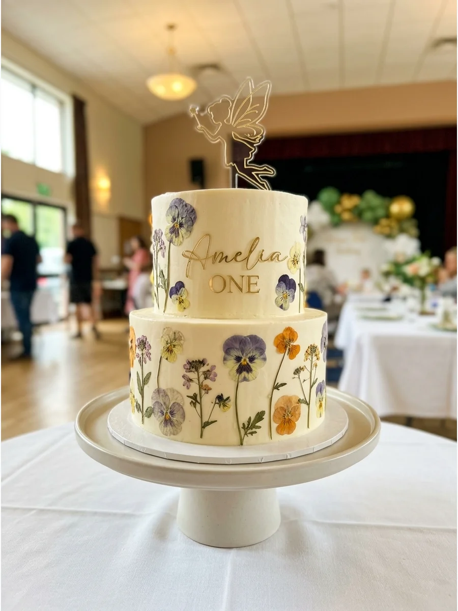 A cream-colored cake decorated with real food-safe pressed flowers and a gold fairy silhouette.
