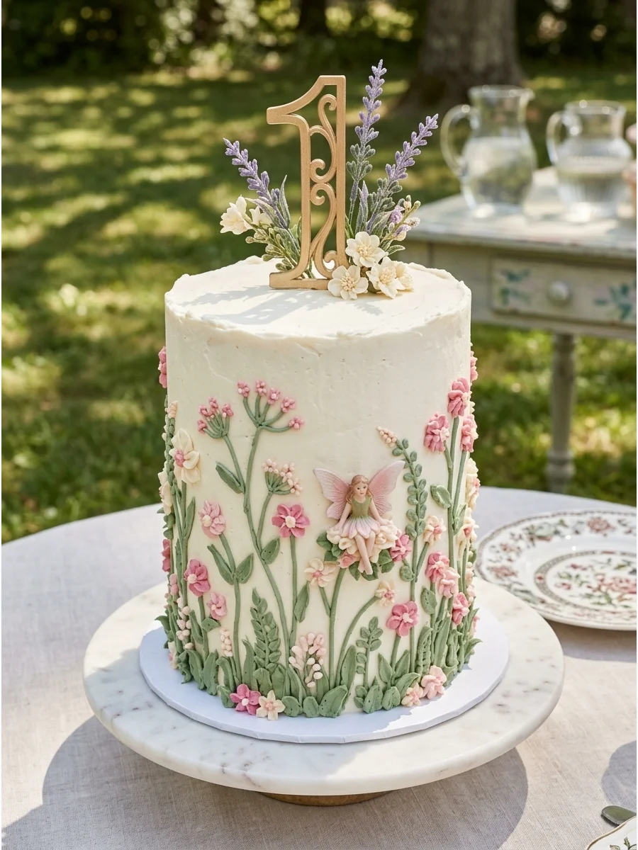 A white round cake decorated with piped buttercream flowers and a small fairy topper.