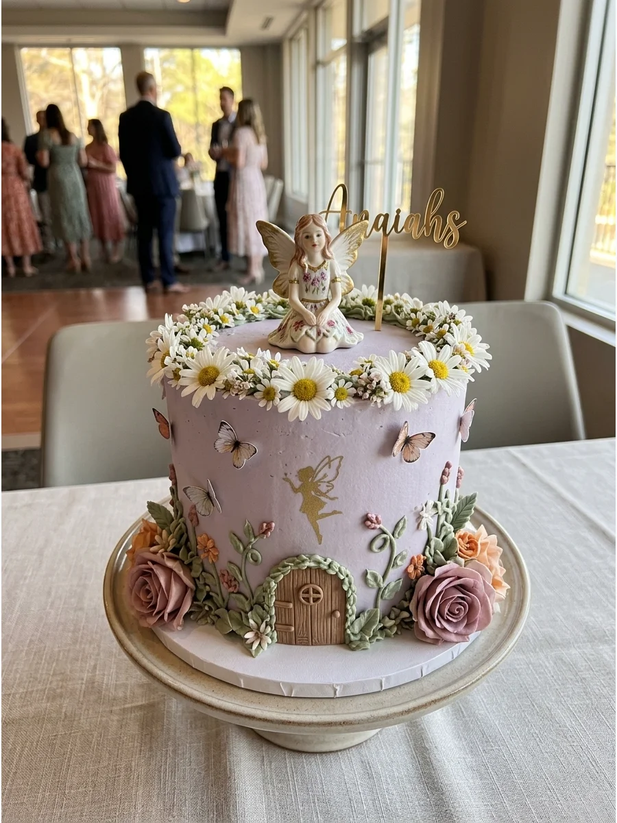 Lavender cake with a ring of white flowers on top and a gold fairy silhouette.