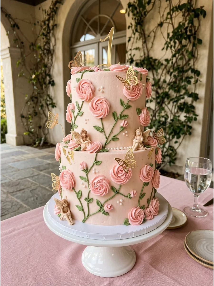 Pink rose-covered cake with gold butterfly accents and pearl sprinkles.