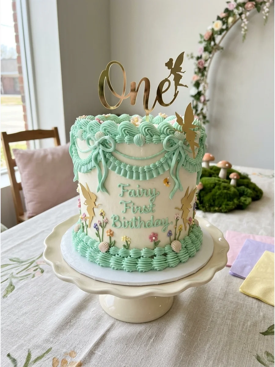 White cake with mint green vintage ruffles and a gold number one topper.