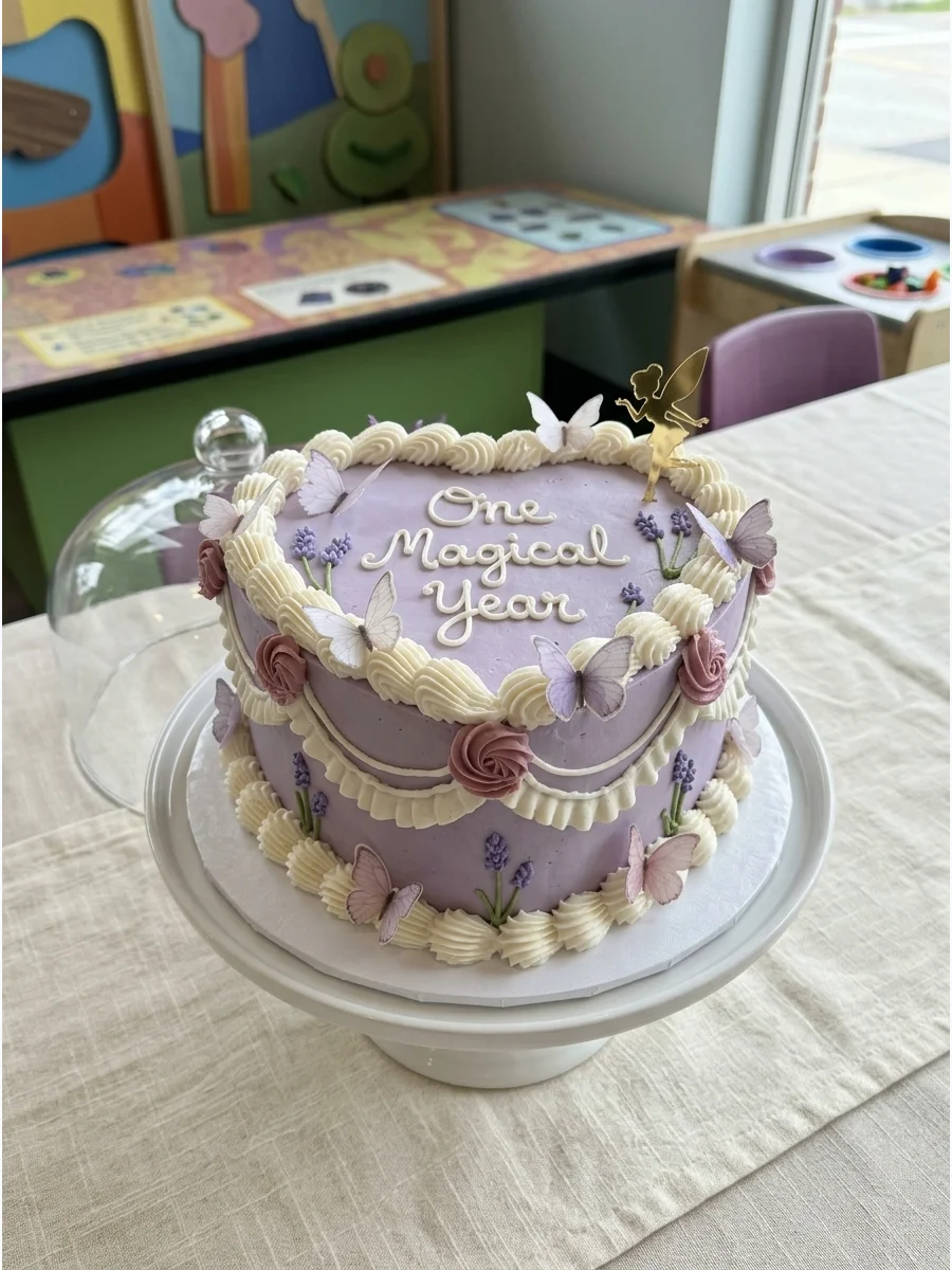 Heart-shaped lavender cake with white borders and small butterfly decorations.