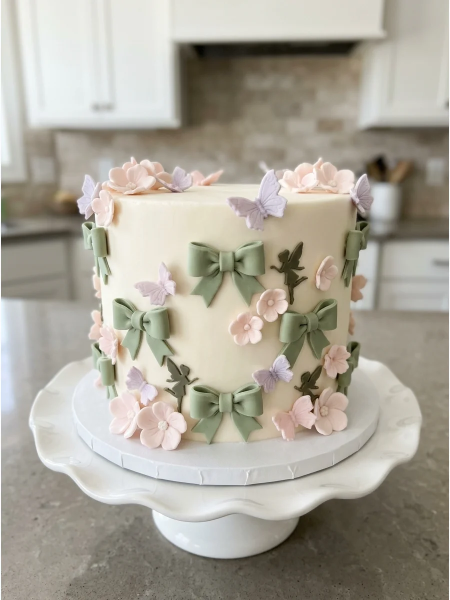 Ivory cake decorated with sage green ribbons and small pink flowers.