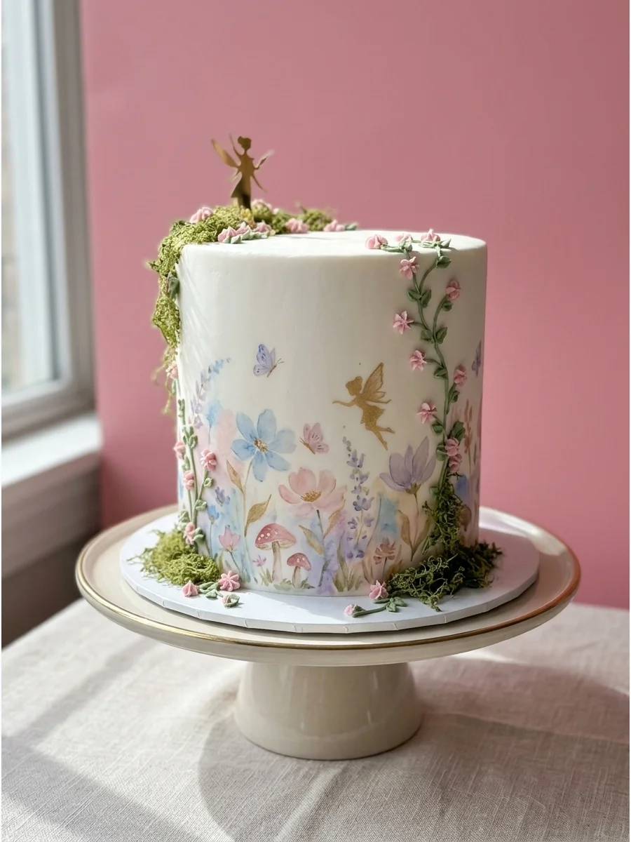 White cake with watercolor paint effects and a gold fairy silhouette on the front.