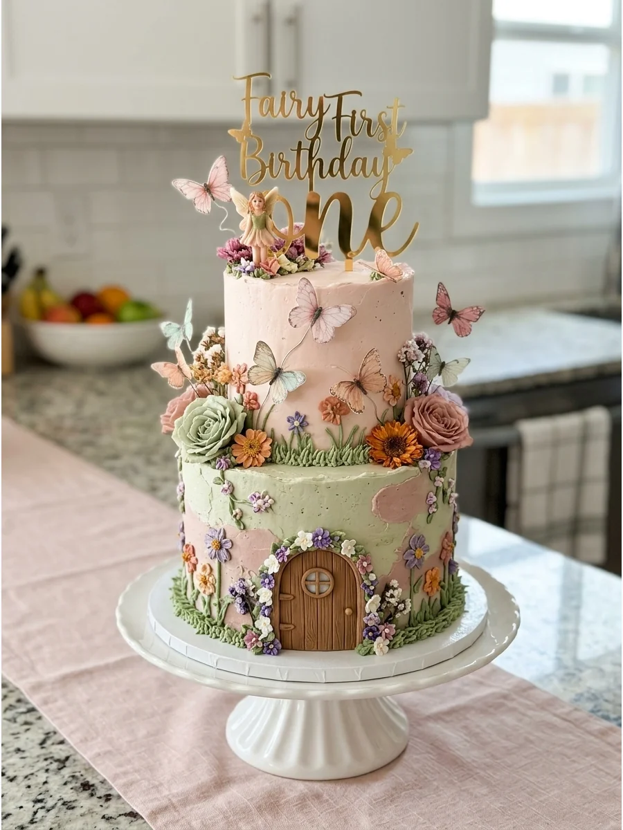 Two-tier cake featuring a fairy door and floral decorations.