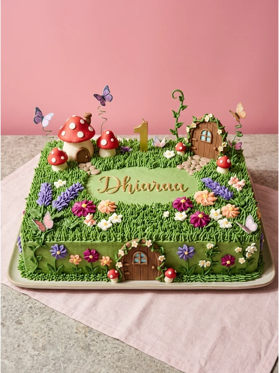 Green sheet cake decorated with a garden scene and mushroom houses.