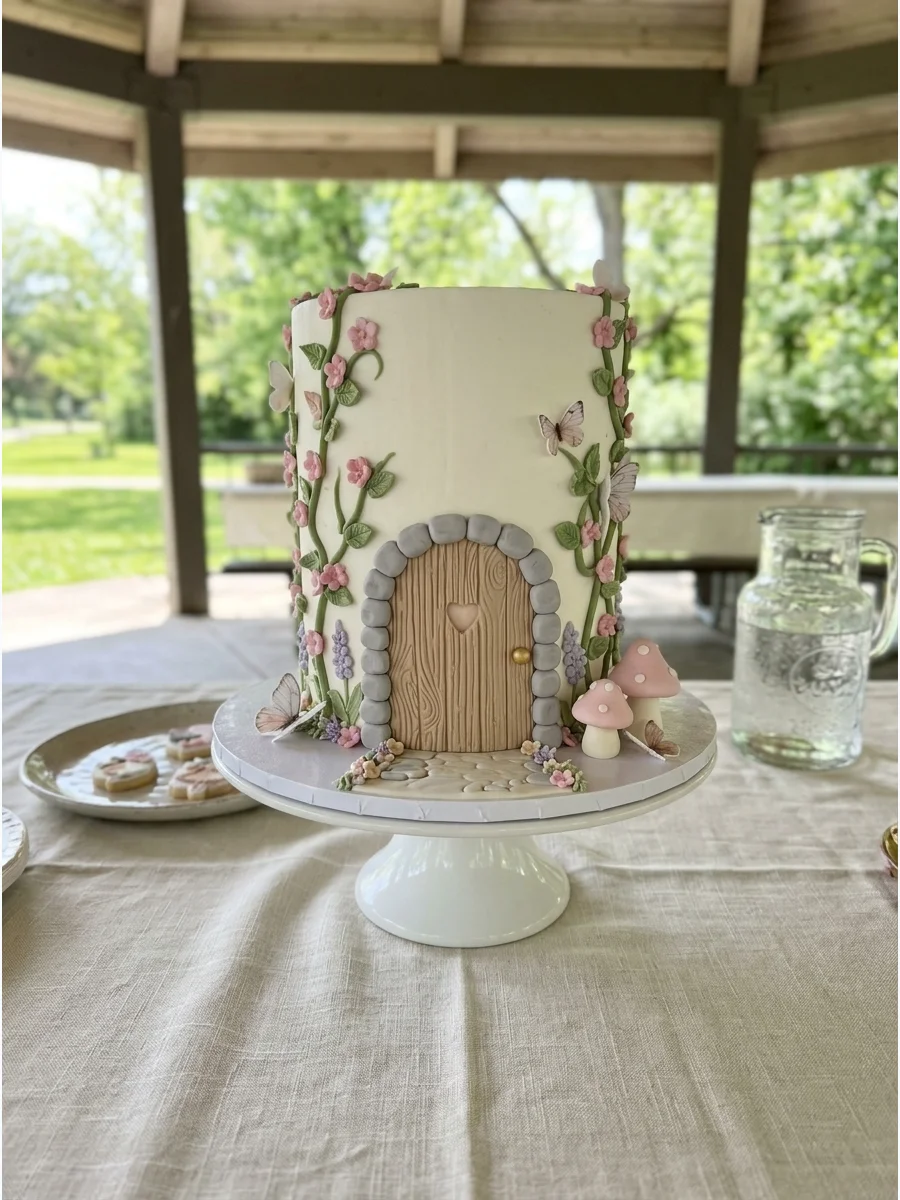 White cake with a fondant fairy door and floral vines.