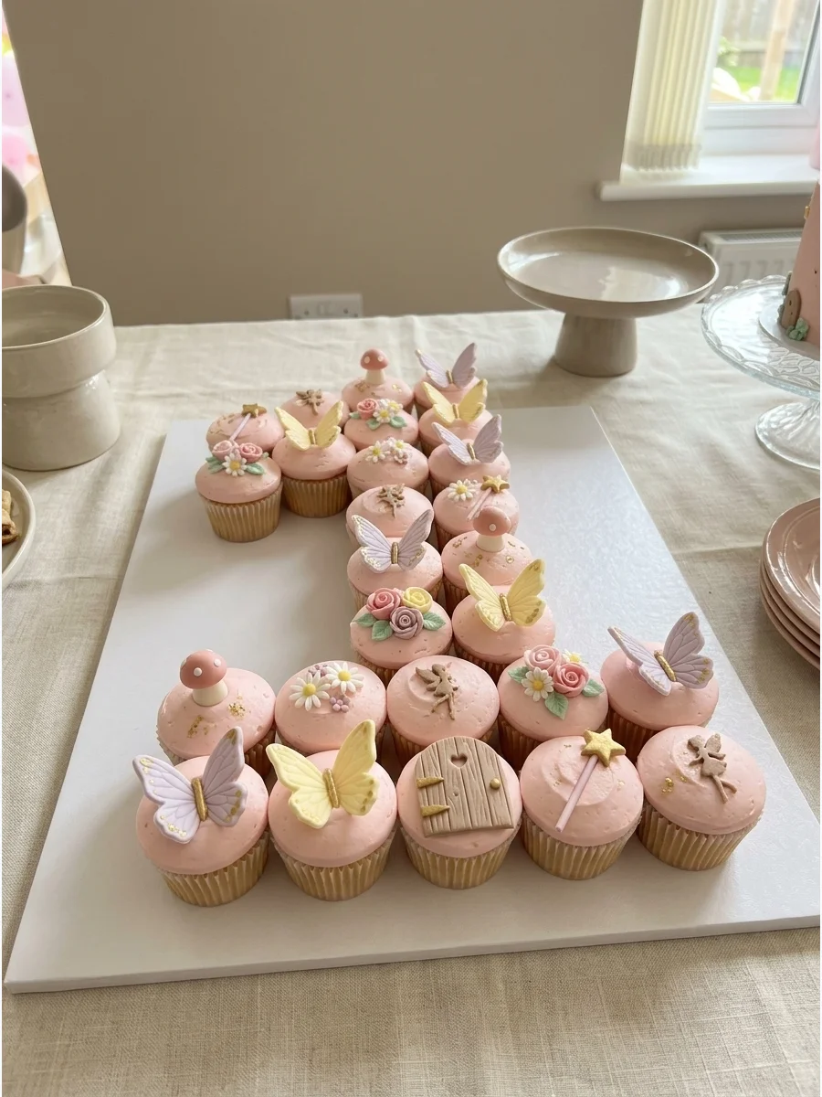 Cupcakes arranged to form the number one with fairy-themed toppers.
