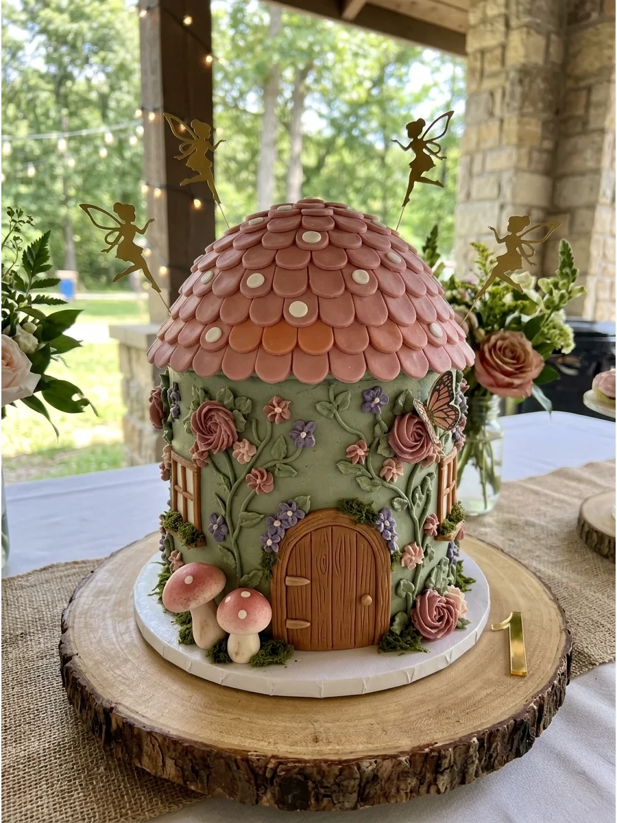 Custom shaped fairy house cake with a pink roof.