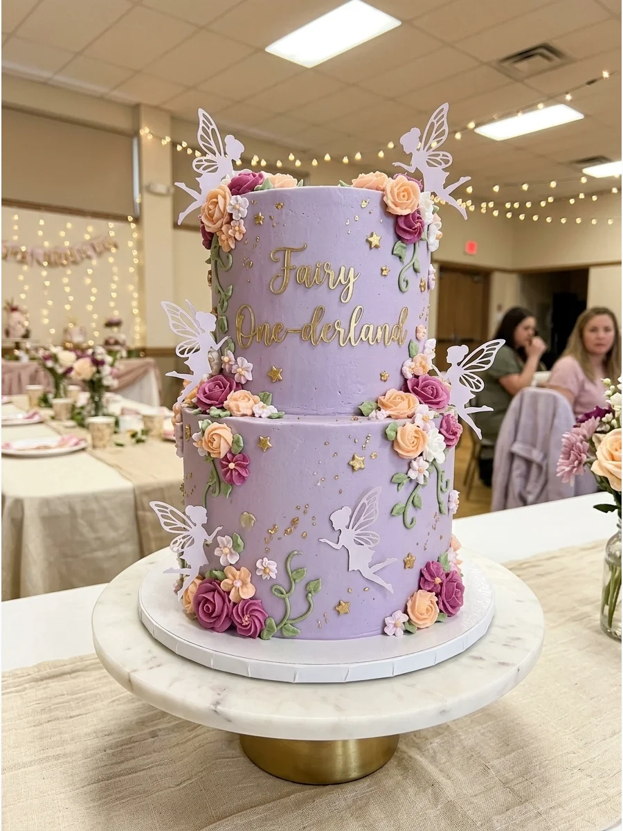 Lavender cake with gold stars and Fairy One-derland text.