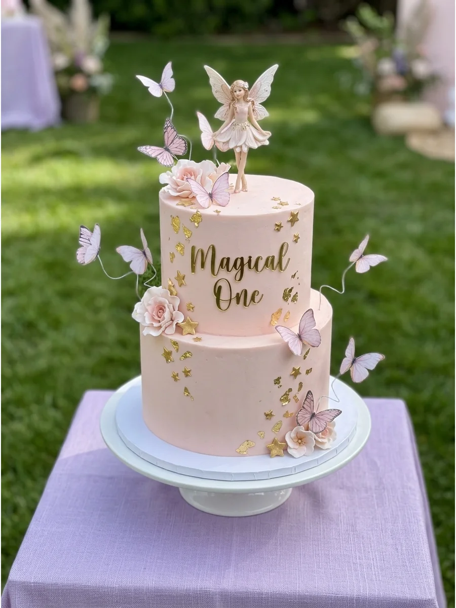 Blush pink cake with gold leaf and butterflies.