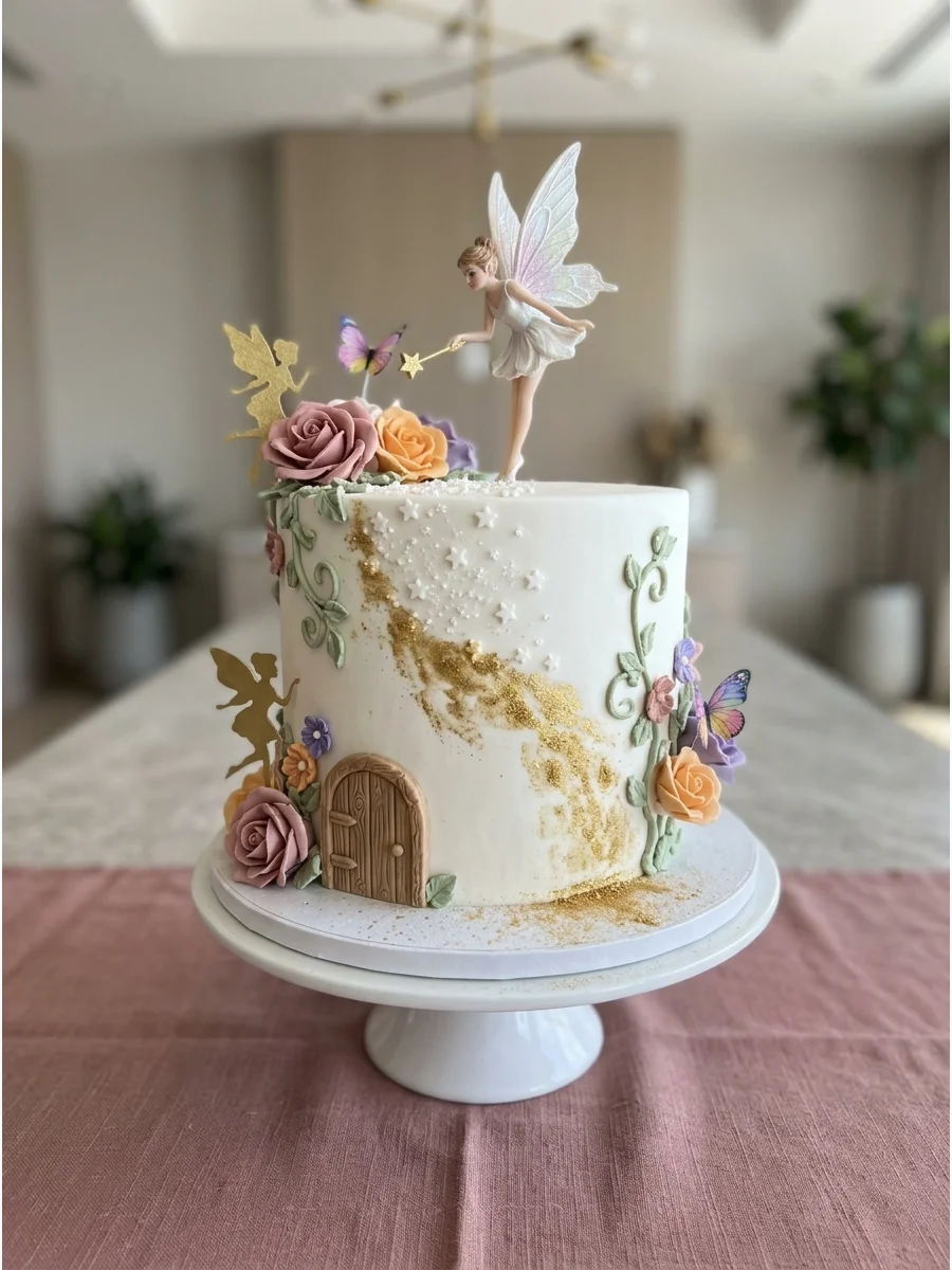 White birthday cake with a fairy and gold glitter dust.