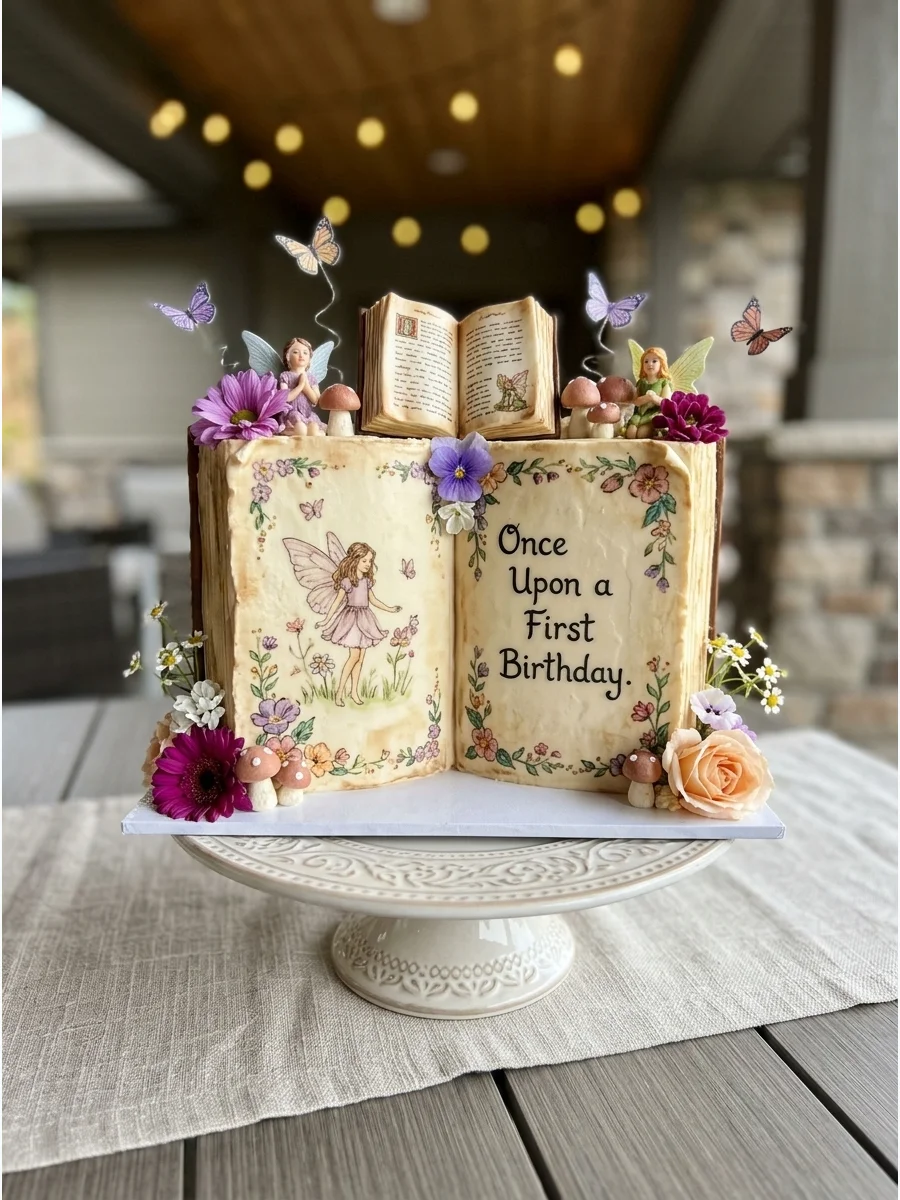 Storybook shaped cake with fairy illustrations.