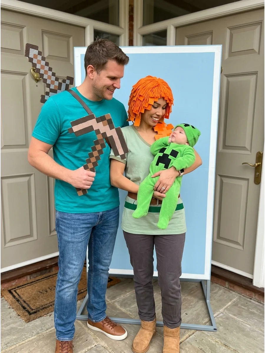 Parents in pixelated Minecraft shirts holding a baby in a green Creeper costume.