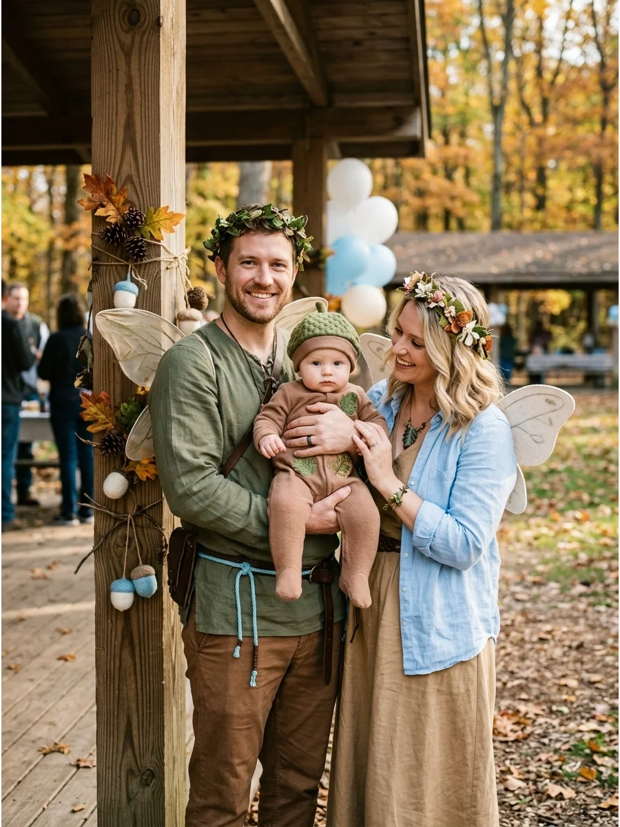 Parents in forest-themed outfits holding an infant in an acorn costume.