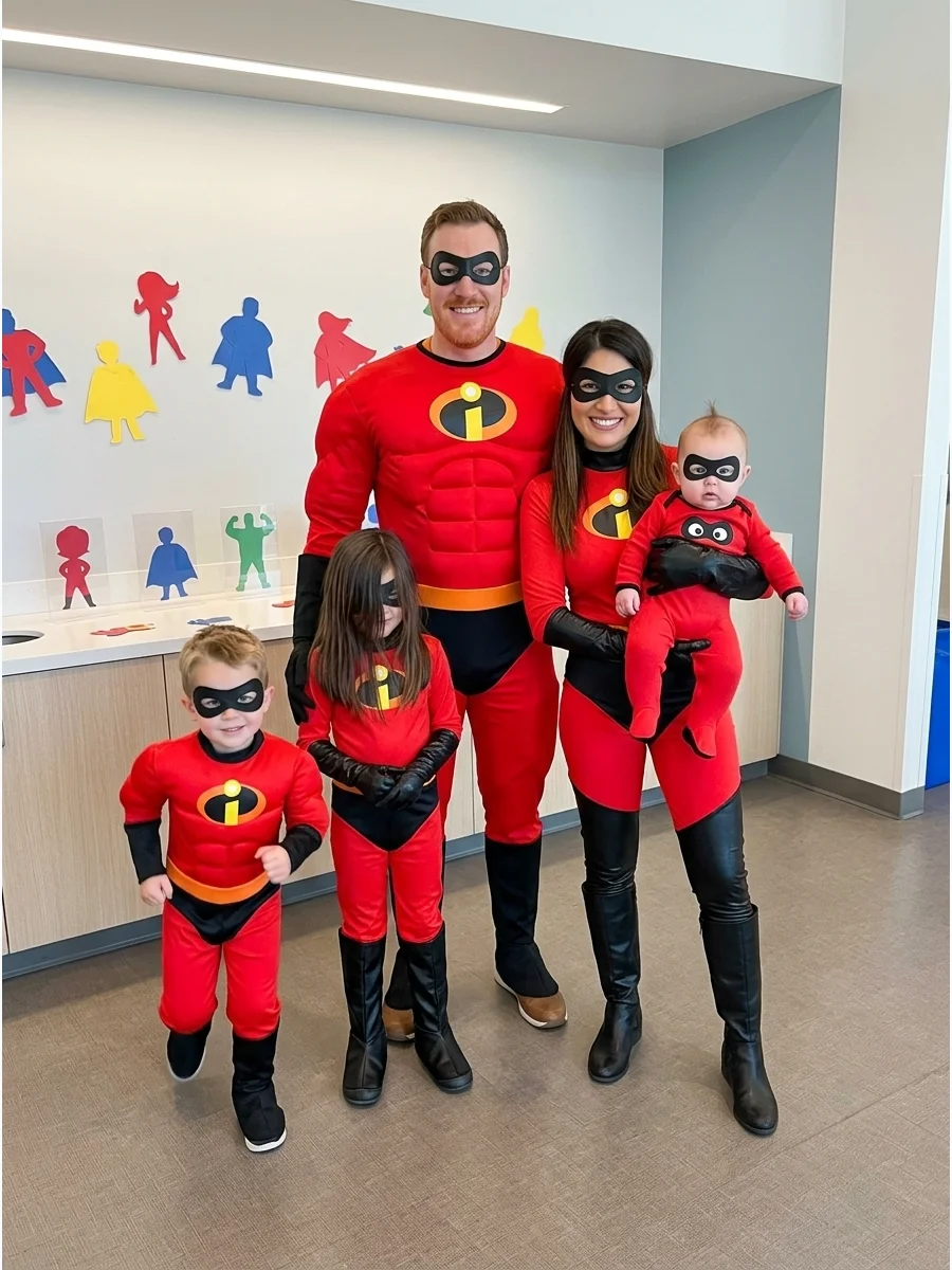 A family of four wearing red Incredibles superhero costumes with black masks.