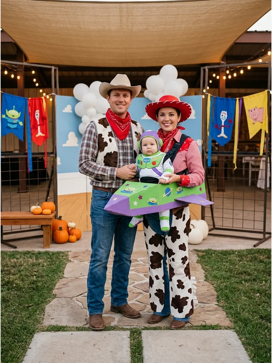 Parents dressed as Woody and Jessie holding a baby in a Buzz Lightyear outfit.