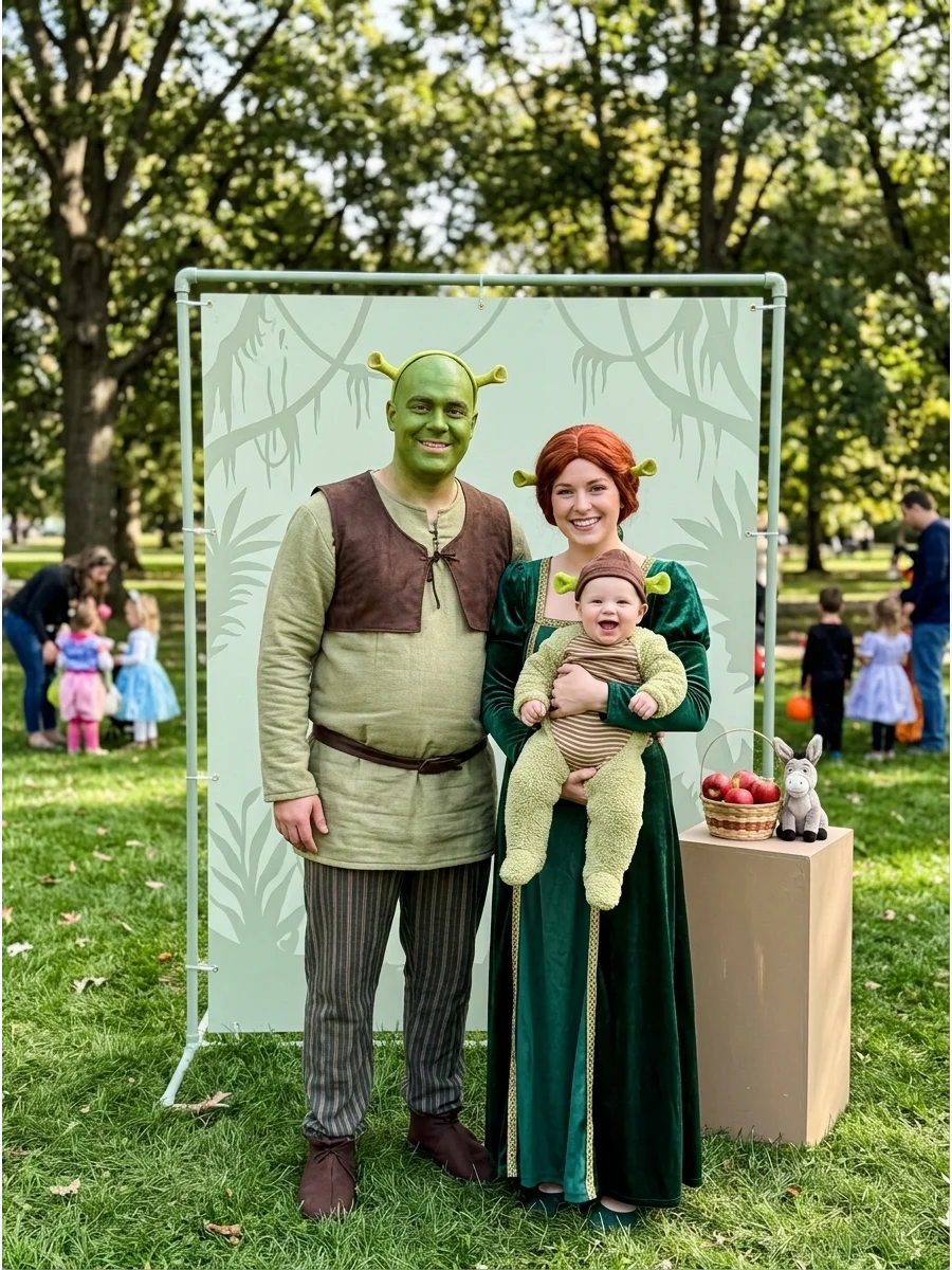 A family dressed as Shrek and Fiona with a baby in a small green ogre outfit.