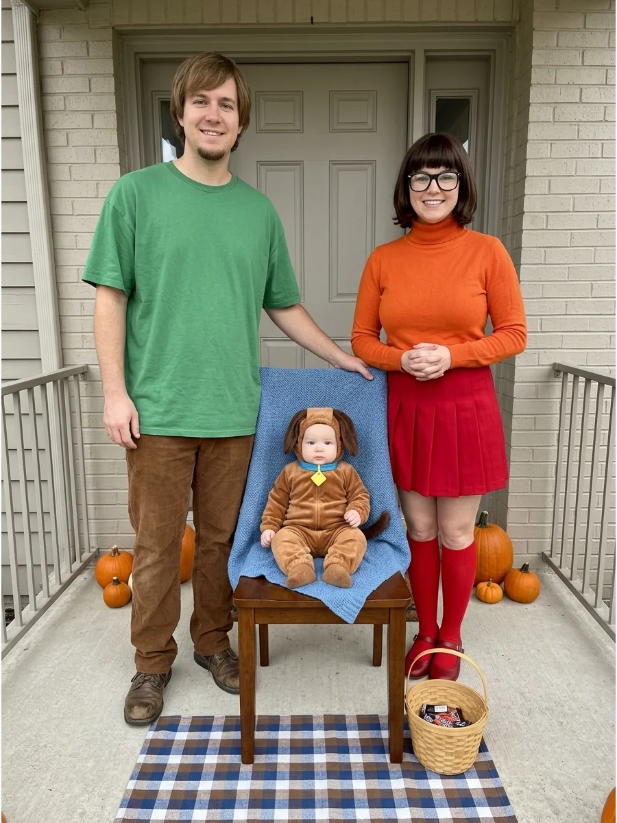 A family dressed as the Mystery Inc. gang with a baby in a Scooby-Doo costume.
