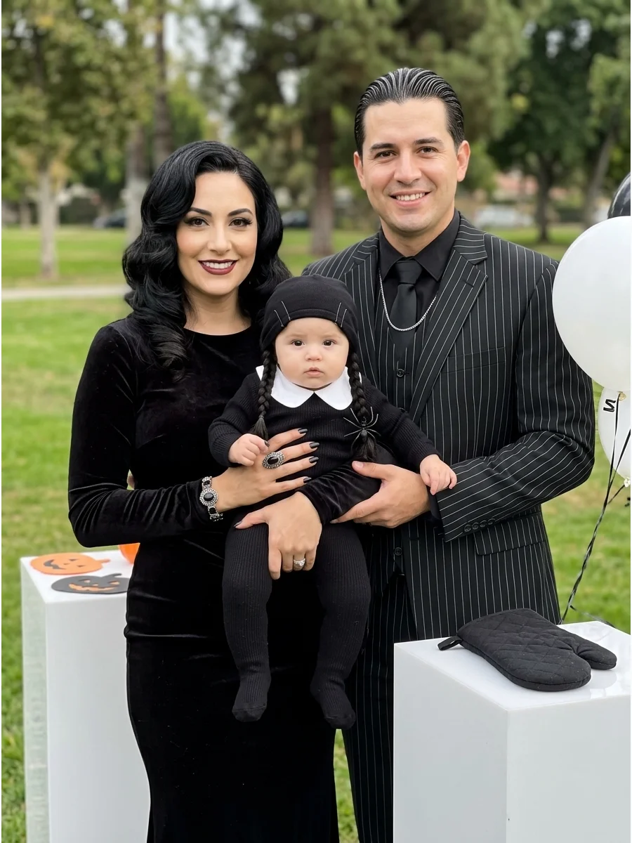 A family dressed as the Addams Family with a baby in a striped Pugsley shirt.