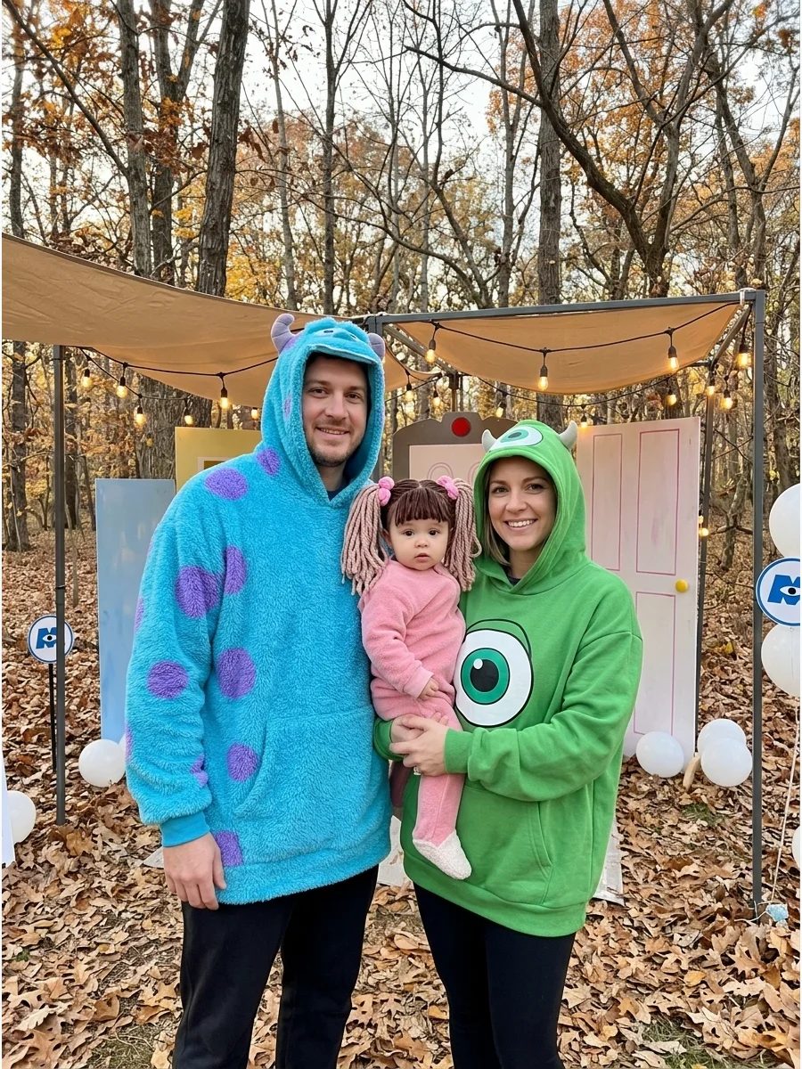 Parents in Sulley and Mike costumes holding a baby dressed as Boo.
