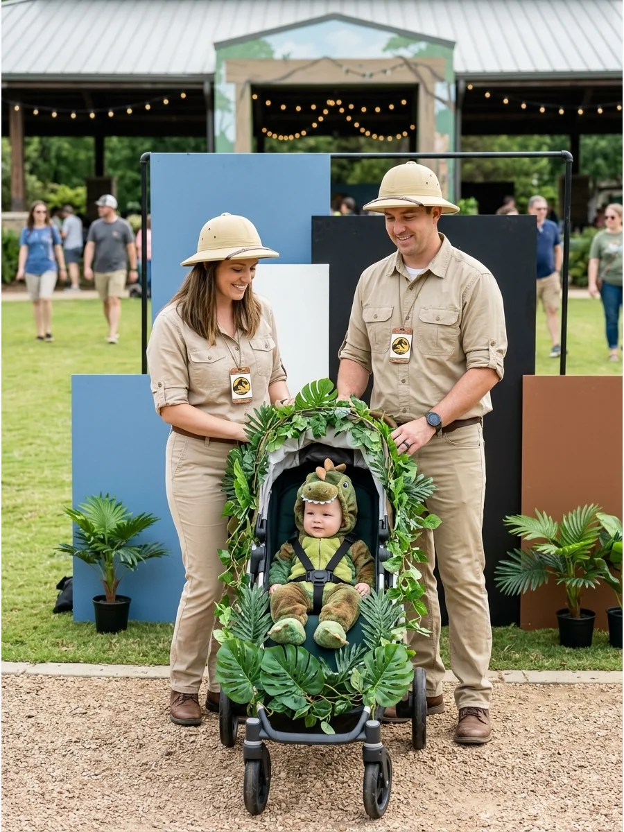 Parents in safari outfits with a baby in a green dinosaur costume.
