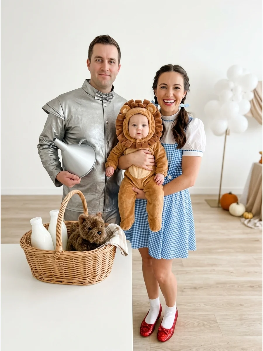 A family dressed as Dorothy and the Tin Man with a baby lion.