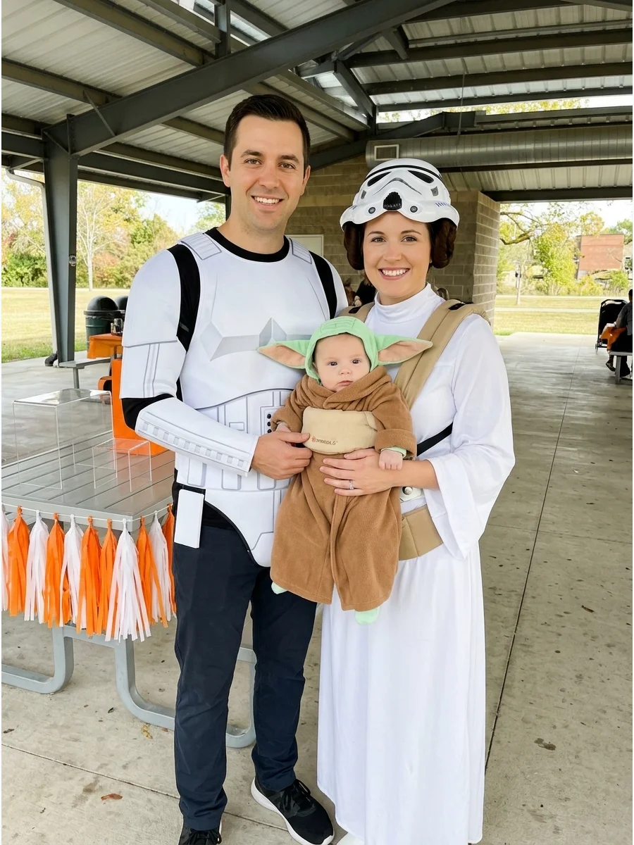 Parents in Star Wars robes holding a baby in a Grogu costume.