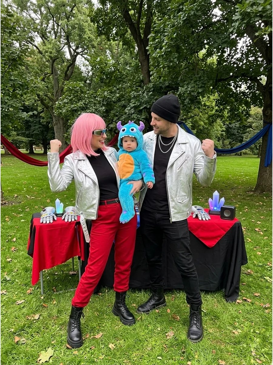 Parents in metallic jackets with a baby in a fuzzy blue monster outfit.