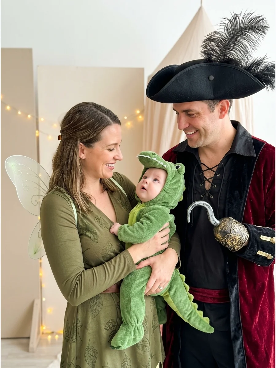 Parents dressed as Peter Pan and Wendy with a baby in a crocodile suit.