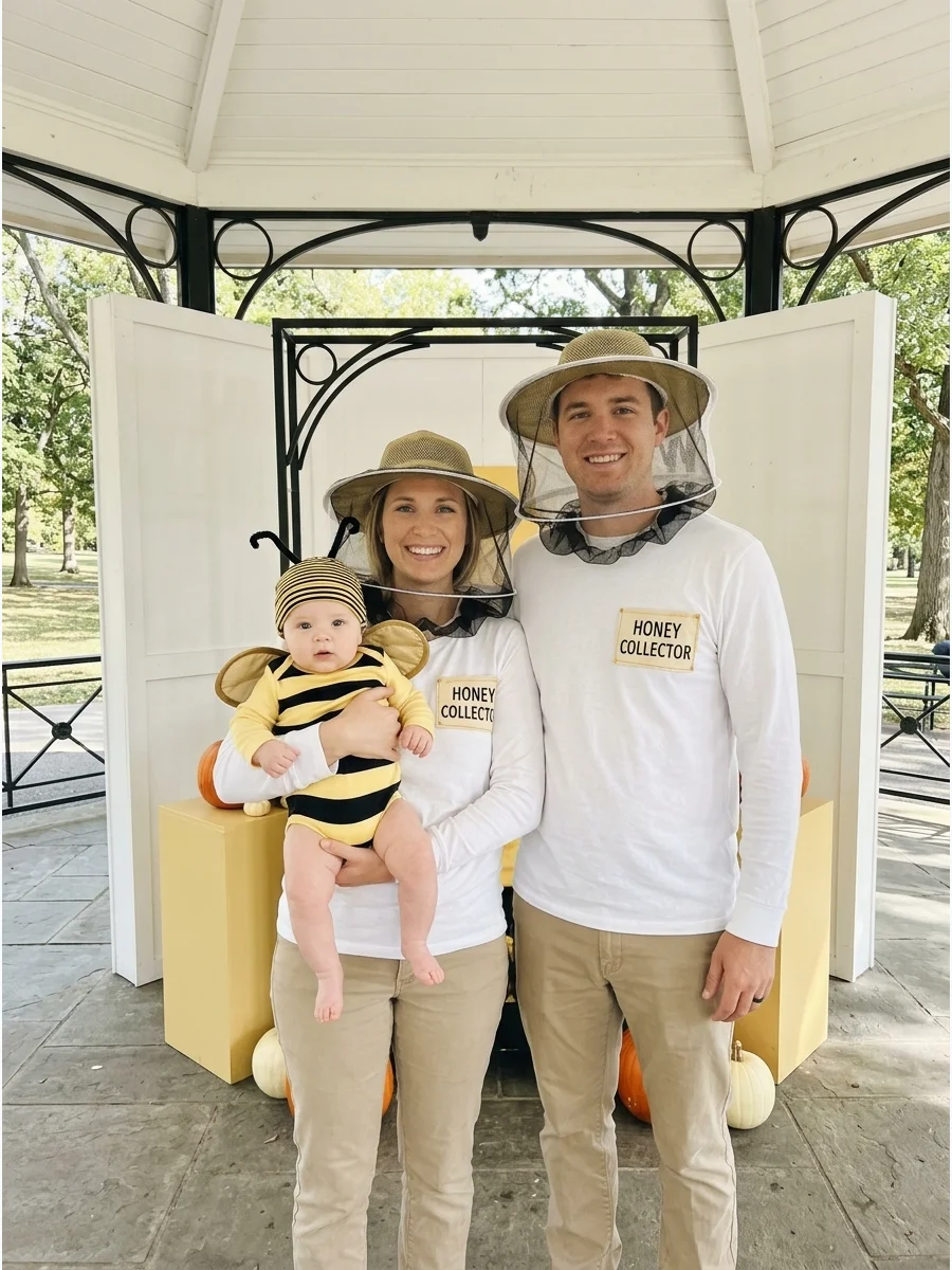 Parents in white beekeeper gear holding an infant in a yellow and black bee costume.