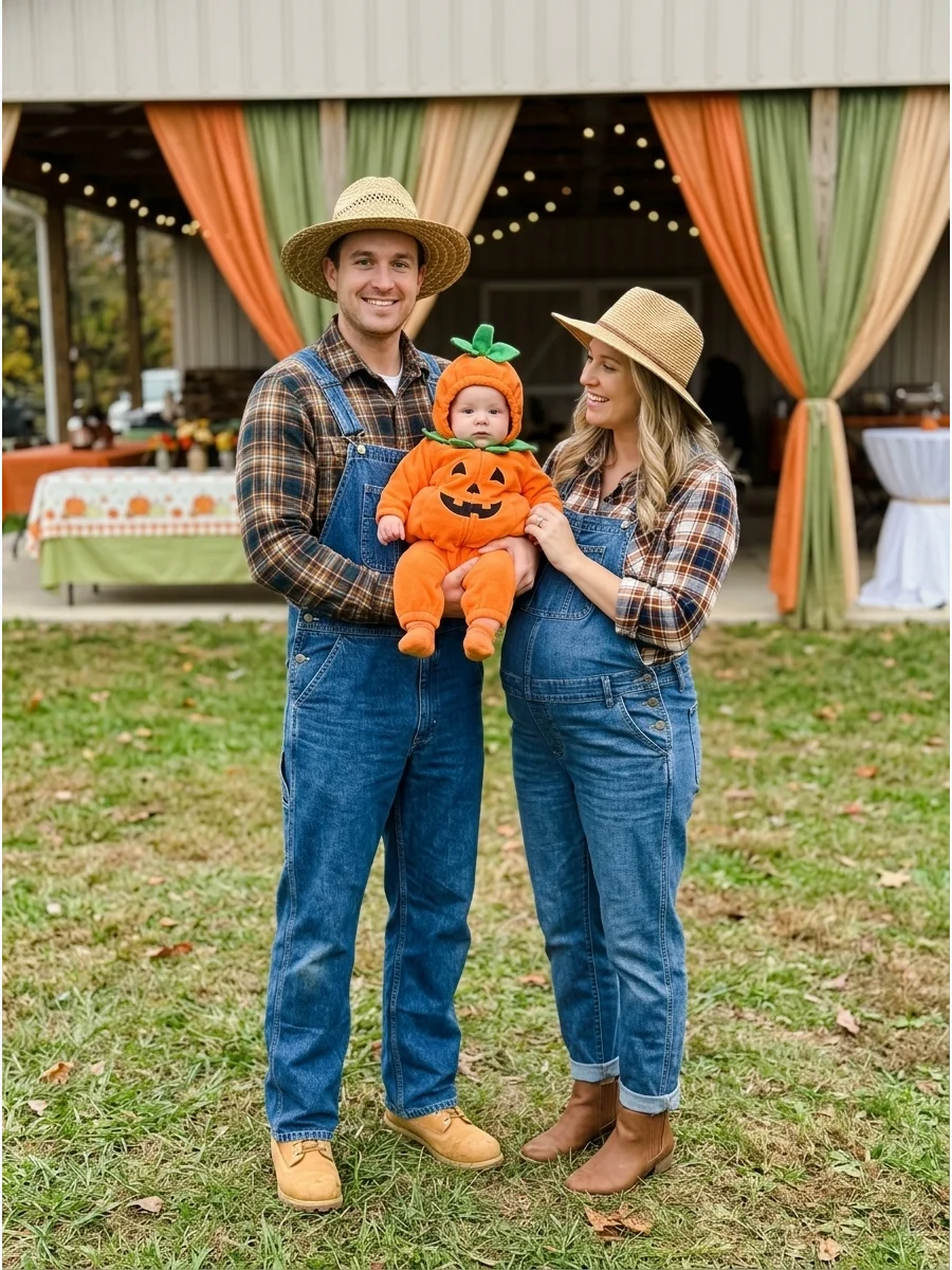 Family in farm attire with a baby dressed as a bright orange pumpkin.