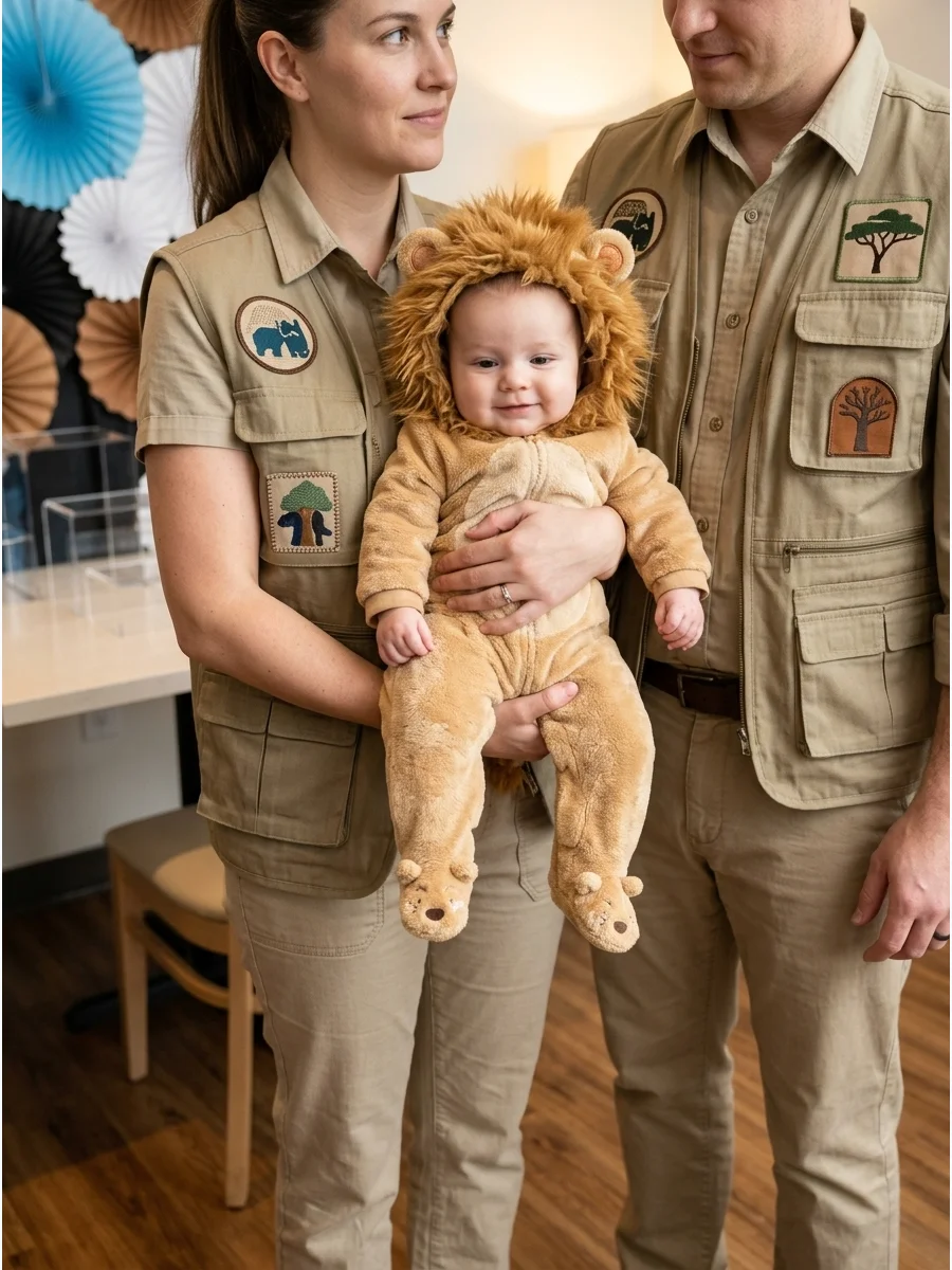 Parents in khaki zookeeper vests holding a baby in a fuzzy lion costume.