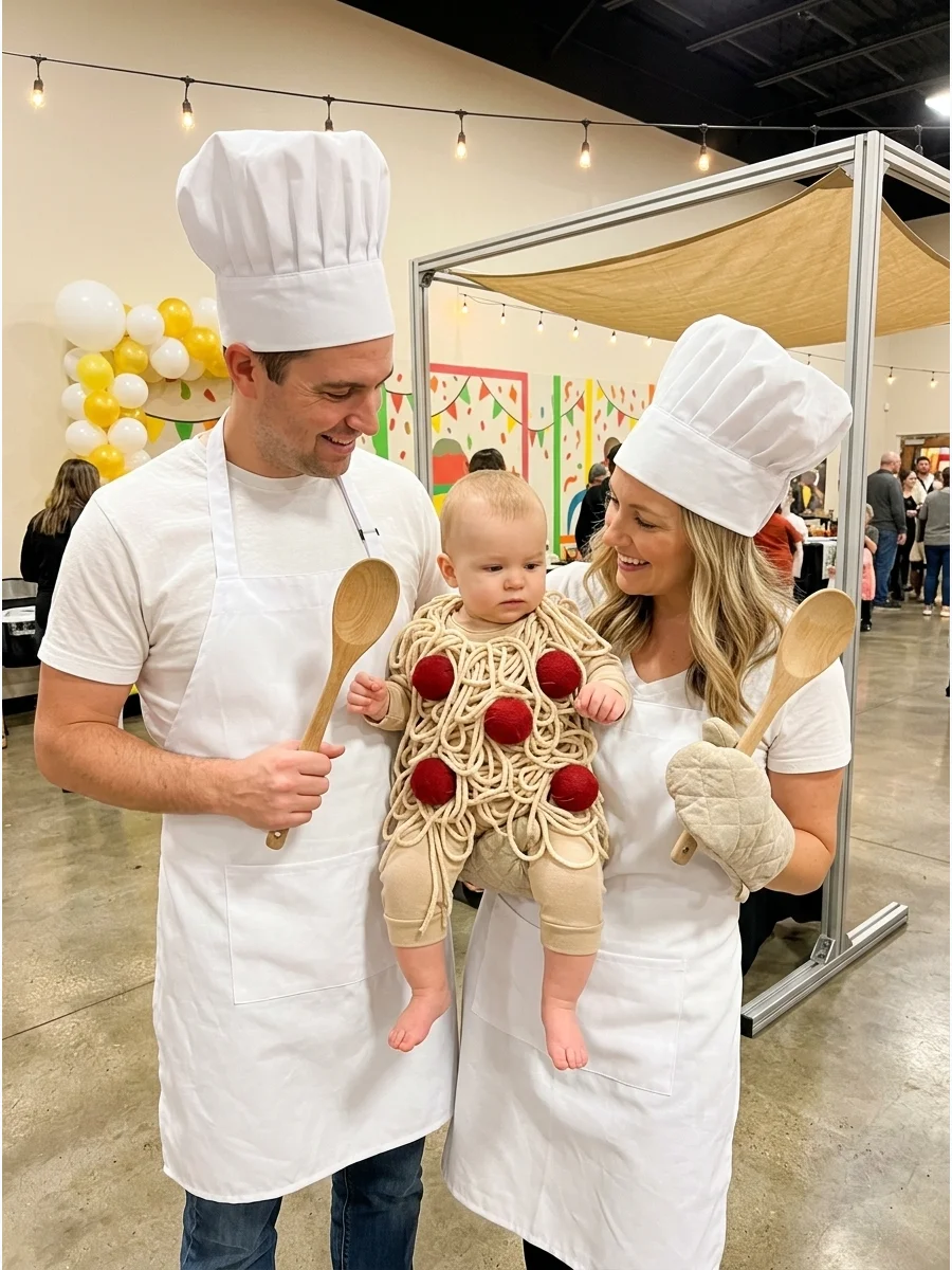 Parents dressed as chefs with a baby in a DIY spaghetti and meatballs costume.