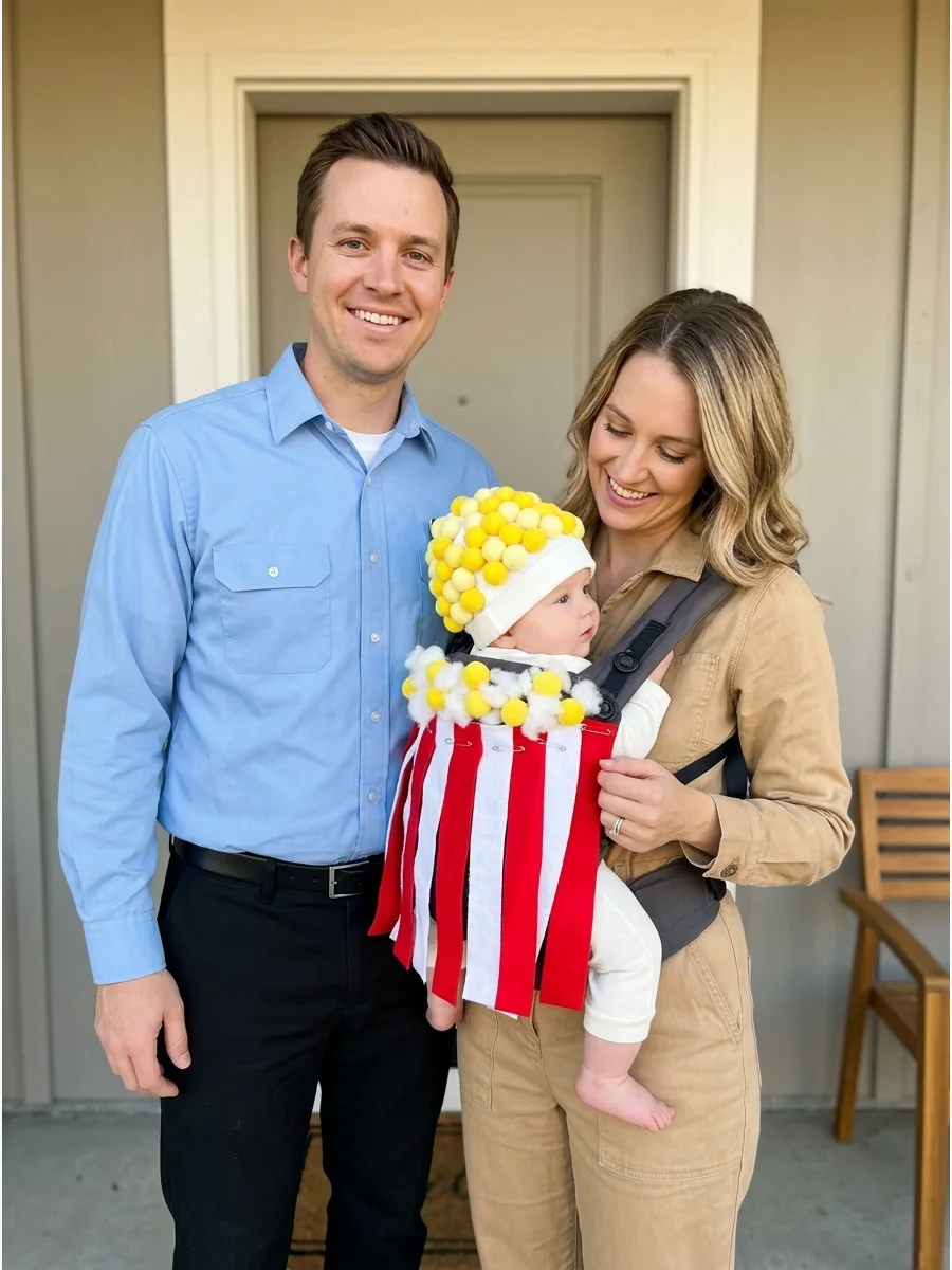 Baby in a carrier decorated as a popcorn box with parents in movie theater attire.