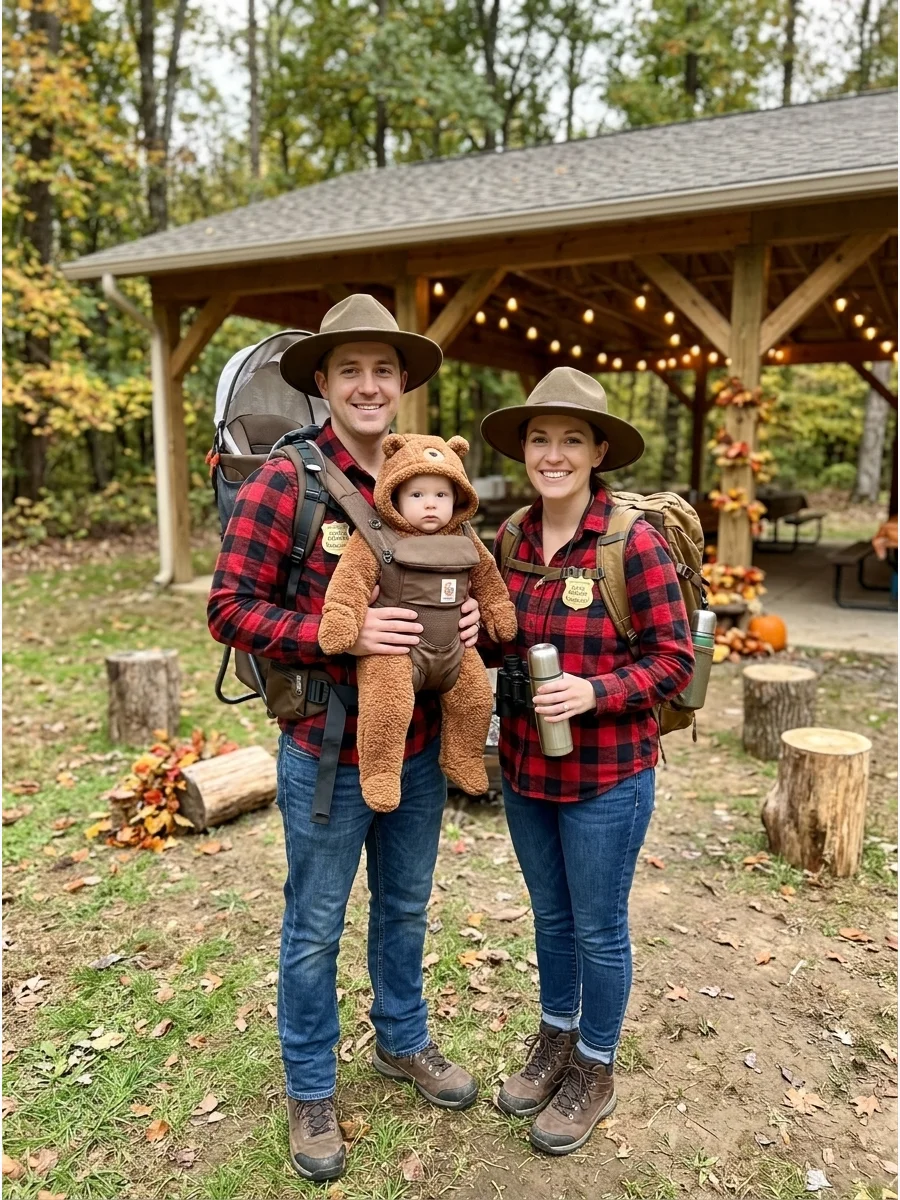 Parents in hiking gear holding an infant in a brown bear costume in the woods.