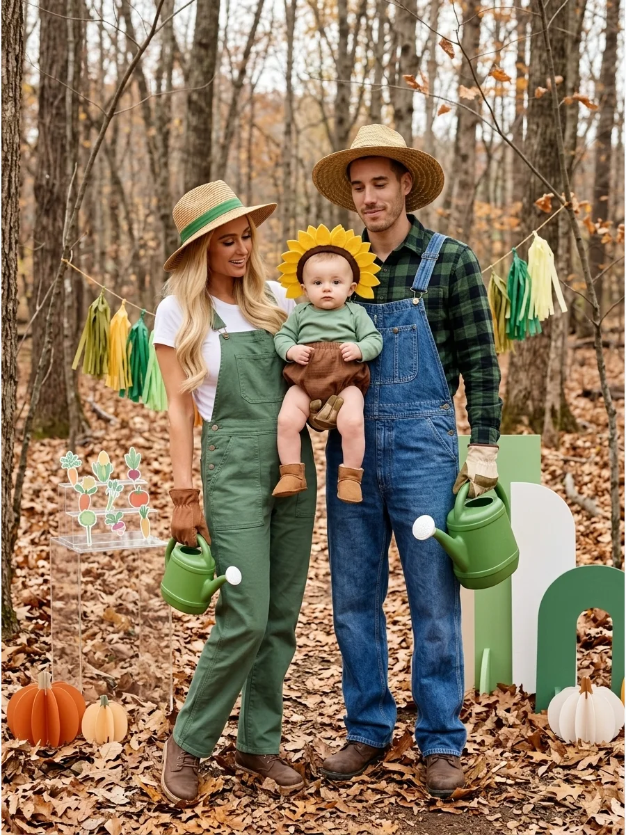 Family dressed as gardeners with an infant in a sunflower costume.