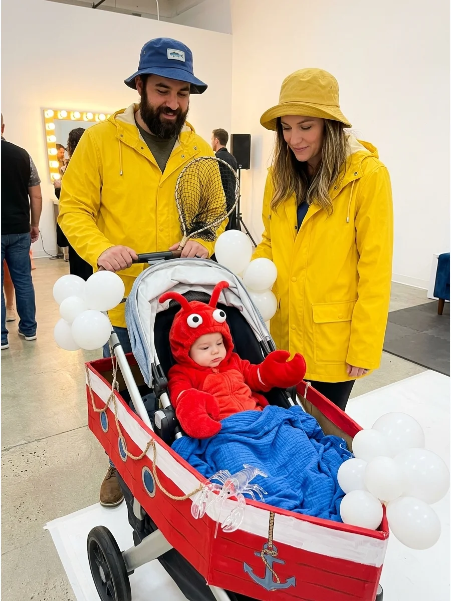 Parents in yellow rain slickers with a baby in a red lobster outfit.