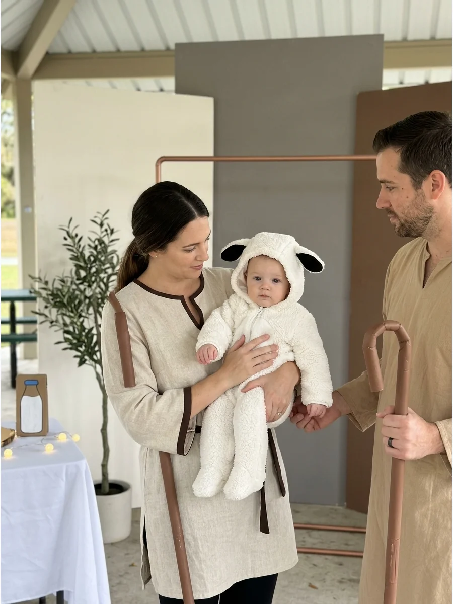 Parents in neutral tunics holding a baby in a fluffy white lamb costume.