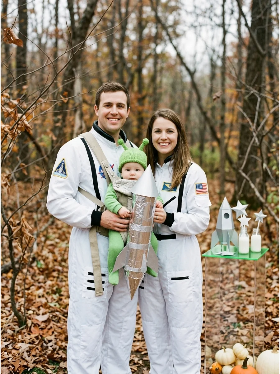 Family in astronaut jumpsuits holding an infant dressed as a green alien.