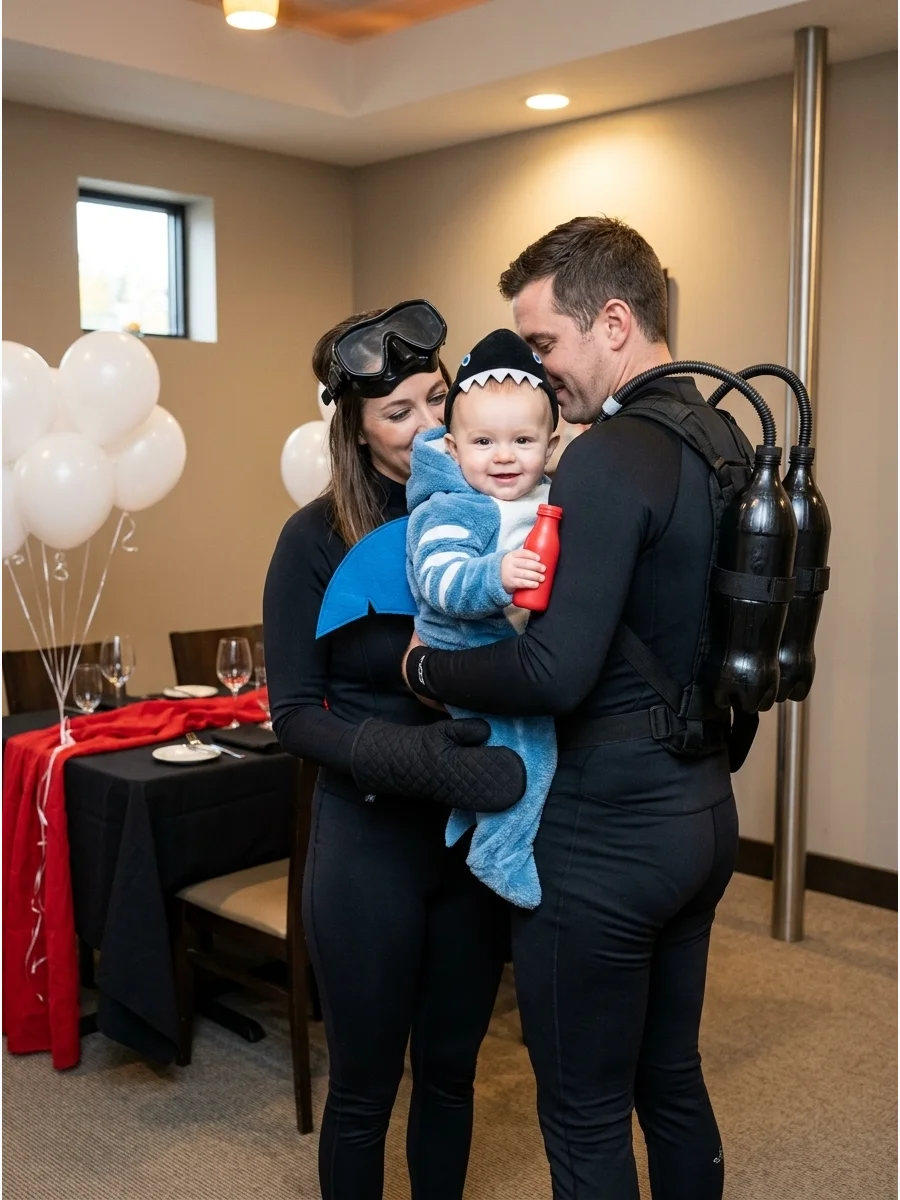 Parents in scuba gear holding a baby in a blue shark costume.