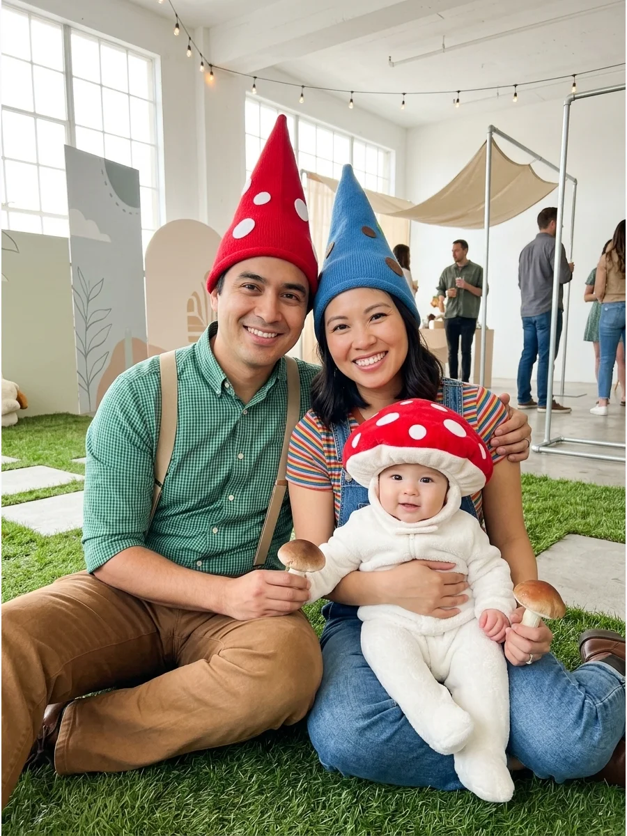Parents in gnome hats sitting with a baby in a red and white mushroom costume.