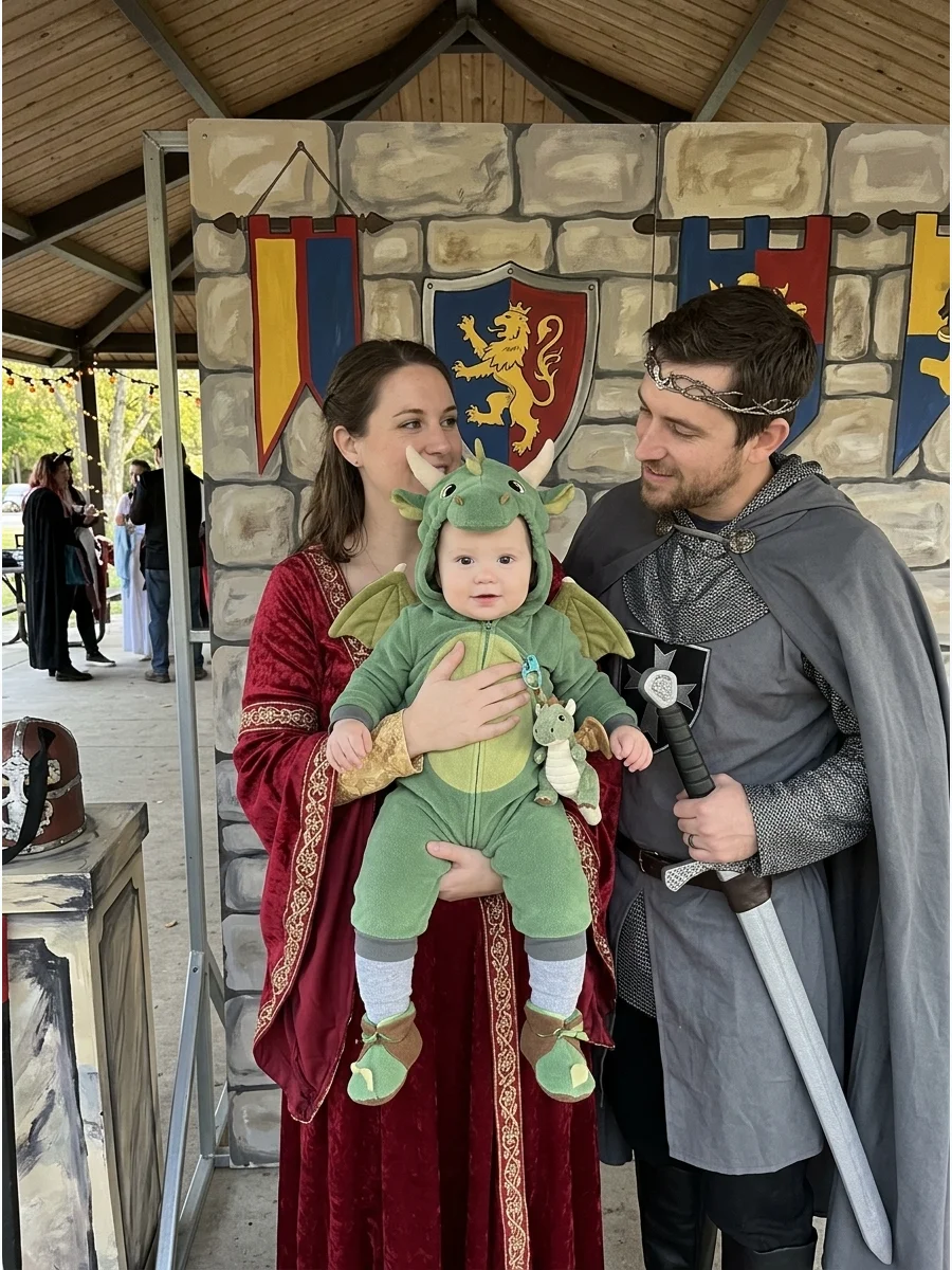 Parents in medieval tunics holding a baby in a green dragon onesie.