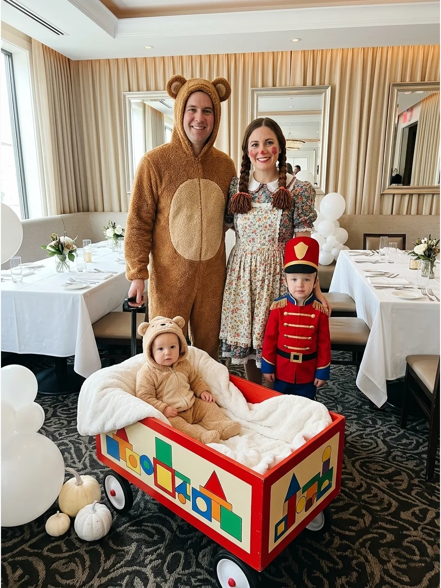 Family in toy-themed costumes standing with a baby in a decorated wagon.